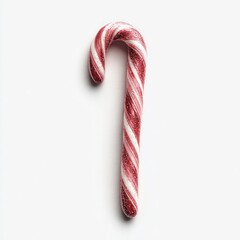 A single red-and-white peppermint candy cane, hook-shaped, rests on a plain white background, subtly shadowed