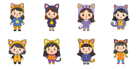 Multiple vector illustrations, girl wearing cat costume

