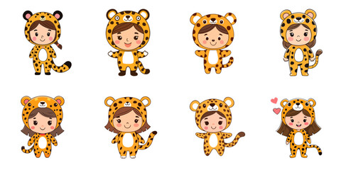 Multiple vector illustrations, girl wearing cheetah costume

