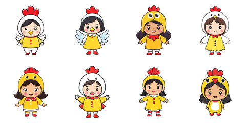 Multiple vector illustrations, girl wearing chicken costume


