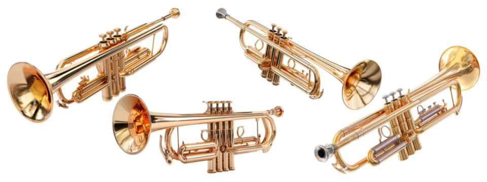 Trumpet instrument set in gold brass, isolated on transparent background