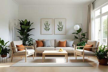 Modern living room with light wood furniture and plants