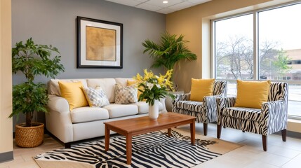 Naklejka premium Modern waiting room with zebra print rug and yellow accents featuring a comfortable sofa and armchairs