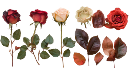 Set of multiple rose leaves in various angles isolated on white background
