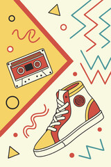 Retro vector-style background in 80s Memphis design, bold yellow, red, and cyan, abstract squiggles and fun shapes, flat pattern, playful symmetry