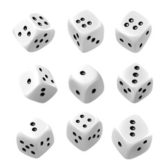 3D vector set of white dice, in different angles and positions on an isolated background. Realistic game assets collection. Isolated objects with shadows.