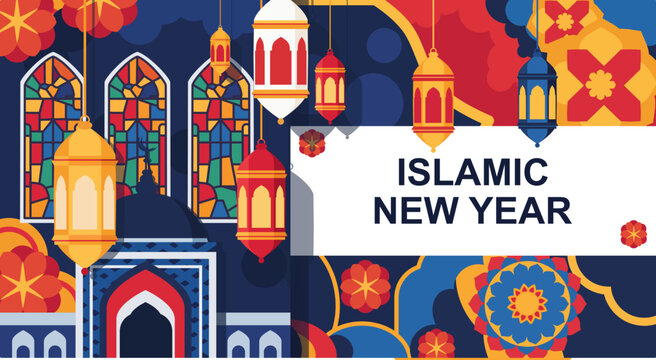seamless pattern with a set of images of the famous landmarks
Vector illustration of Islamic New Year  template. Islamic New year or Hijri New Year Eid, welcoming the 1447 year, Arab style. 