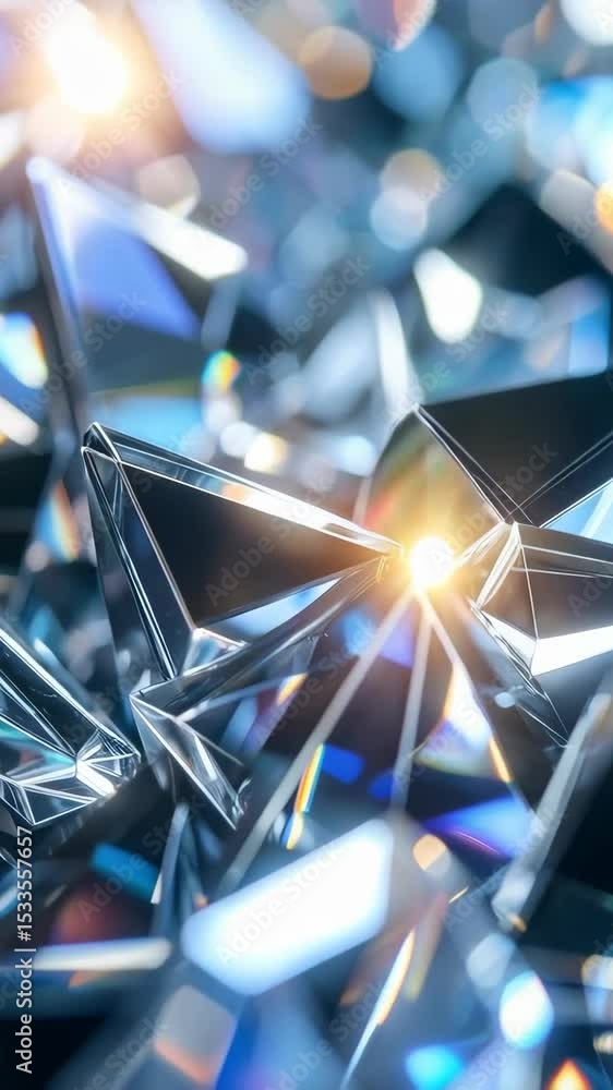 Poster a macro view of multiple geometric crystal facets with a glowing central refraction point creates an