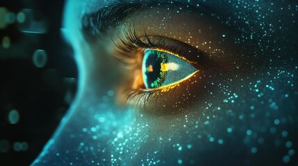 Close-up, glowing eye, cosmic face