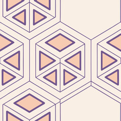Geometric cubes vector background, isometric layout in lavender and soft orange, abstract tech-inspired structure