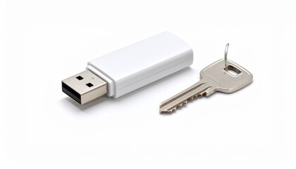 usb flash drive and key on white background