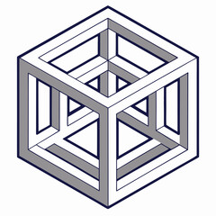 Impossible cube, isometric projection, white lines with gray shadows, optical illusion, geometric shape, white background, minimalist design, ab