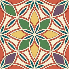 Kaleidoscope-style vector background in rainbow colors, radial symmetry and abstract geometric shapes