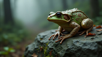Obraz premium Frog Resting on Mossy Rock in Misty Forest Featuring Green and Brown Hues