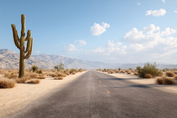 wide road stretches through vast desert dunes with solitary cactus on left side