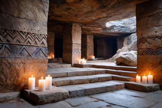 Ancient badami cave temple illuminated by candles in karnataka, India