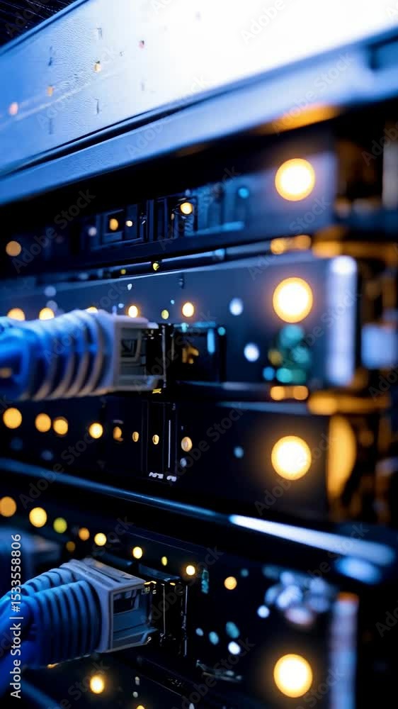 Poster close up of blue network cables plugged into data center servers with blinking lights for a server r