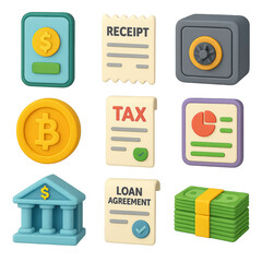 3D finance icons with nine colorful representations of diverse financial concepts, ideal for web design, presentations, and infographics.