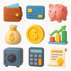 3D Finance icon set with diverse financial transactions and assets, suitable for websites, presentations, and financial related projects. Wealth, banking, and money symbols included.