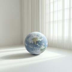 Globe model rests in a sunlit minimalist room.