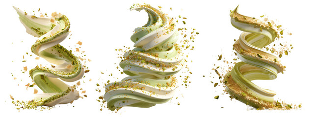 Pistachio cream swirl splash with nuts, isolated on transparent background

