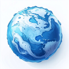 A creative depiction of Earth as a swirling, watery sphere. Emphasizing the beauty and fragility of our planet. Reflecting the interconnectedness of land, water, and life.