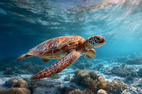 A sea turtle swimming in waters with coral bleaching visible below, concept of ocean warming