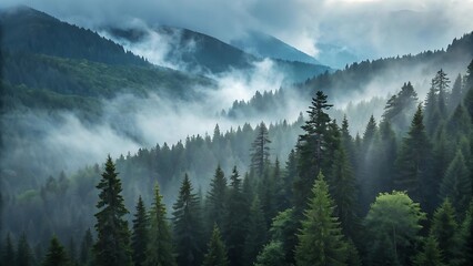 Snow-covered pine trees punctuate a serene mountain landscape veiled in a mystical fog, showcasing nature's breathtaking winter view