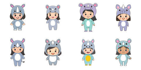 Obraz premium Multiple vector illustrations, girl wearing rhinoceros costume