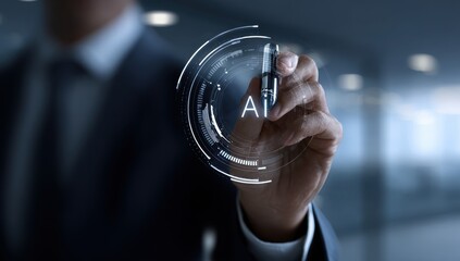Businessperson draws AI in holographic interface