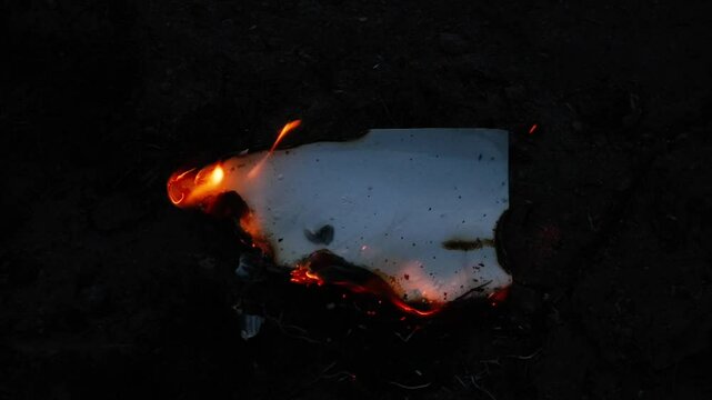 Burning and glowing photo or paper with fire flame and smoke on dark background