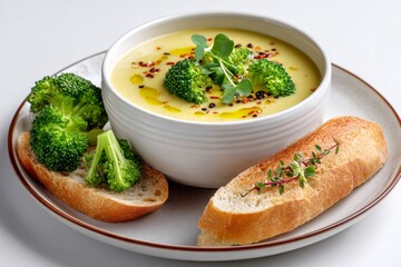 Broccoli cream soup garnished with fresh broccoli florets, spices and olive oil, served with toasted baguette slices