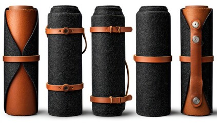 Rolled dark gray felt items with tan leather straps