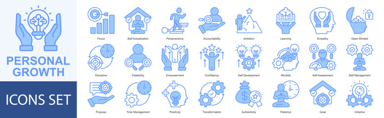 Personal Growth icon set vector Blue Style focus, self actualization, perseverance, accountability, ambition, learning, empathy, open minded, discipline, feasibility, empowerment