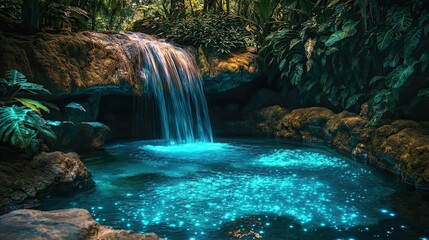 Luminous waterfall flows into tranquil, tropical pool.