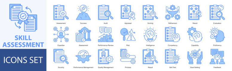 Skill Assessment icon set vector Blue Style assessment, success, audit, appraisal, scoring, refinement, result, evaluation, expertise, assessment, performance review, risk