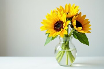 Sunflowers burst from a clear glass vase, atop a pristine white table , shadow, isolated, blossom