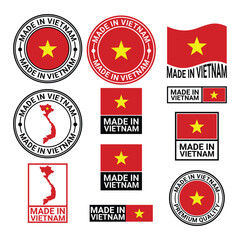 made in Vietnam labels set, Socialist Republic of Vietnam product emblem design icon vector template