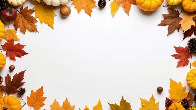 Autumn themed frame featuring colorful maple leaves, small pumpkins, pine cones, apples and nuts on a clean white background.