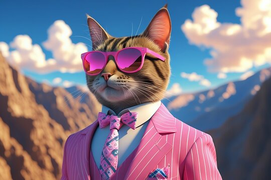 Stylish cat in pink suit and sunglasses mountain background