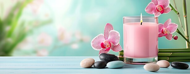 Pink Candle and Orchid Spa Composition with Stones and Bamboo on Pastel Background. Ideal for wellness, self-care, and relaxation-themed designs.