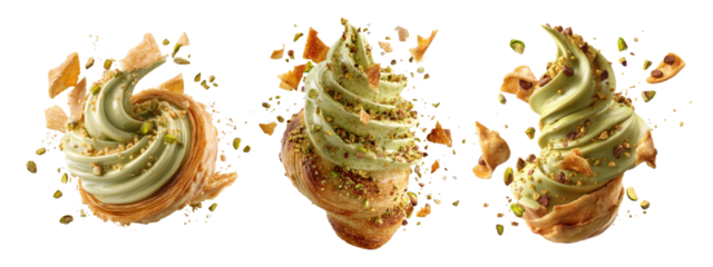 Pistachio cream pastry swirl with flakes, isolated on transparent background