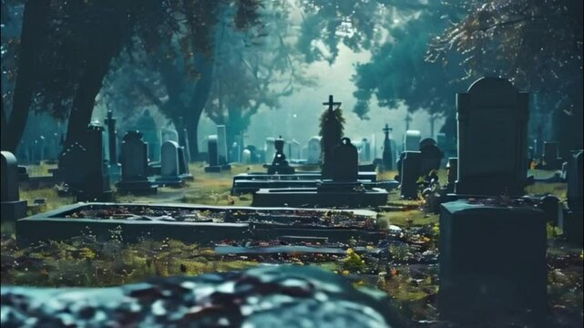 Fantastically mysterious cemetery with tombstones and terribly scary atmosphere, abstract vivid composition consists of fictional unreal fantastic vision on background