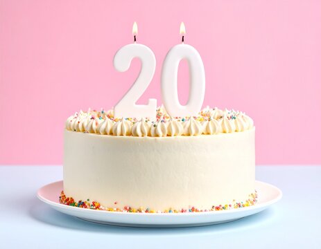 20th year birthday cake on isolated colorful pastel background