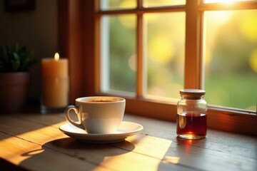 Fototapeta premium Sunlit window, coffee cup, scented candle, charming details on wooden table , still life, shadow