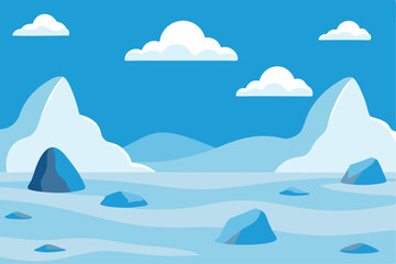 A vector illustration of a cold winter landscape with an iceberg in the blue ocean and snowy mountains under a cloudy sky