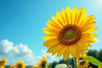 Obraz premium Sunlit sunflower blossom detail against a clear blue sky with clouds , botany, nature, sunshine