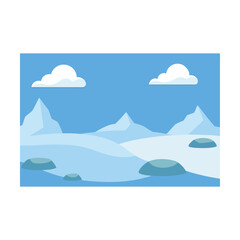 Snowy mountain landscape vector illustration with blue sky and sun