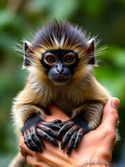 Obraz premium close up of lar gibbon sitting on a men hands. baby gibbon looking at the camera.