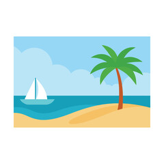 A stunning tropical beach paradise with palm trees swaying over the sand and ocean, perfect for a summer travel vacation